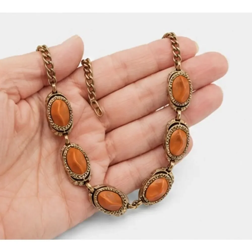 Vintage‎ Mid-Century Adjustable Necklace Rhinestones Rust Red 15